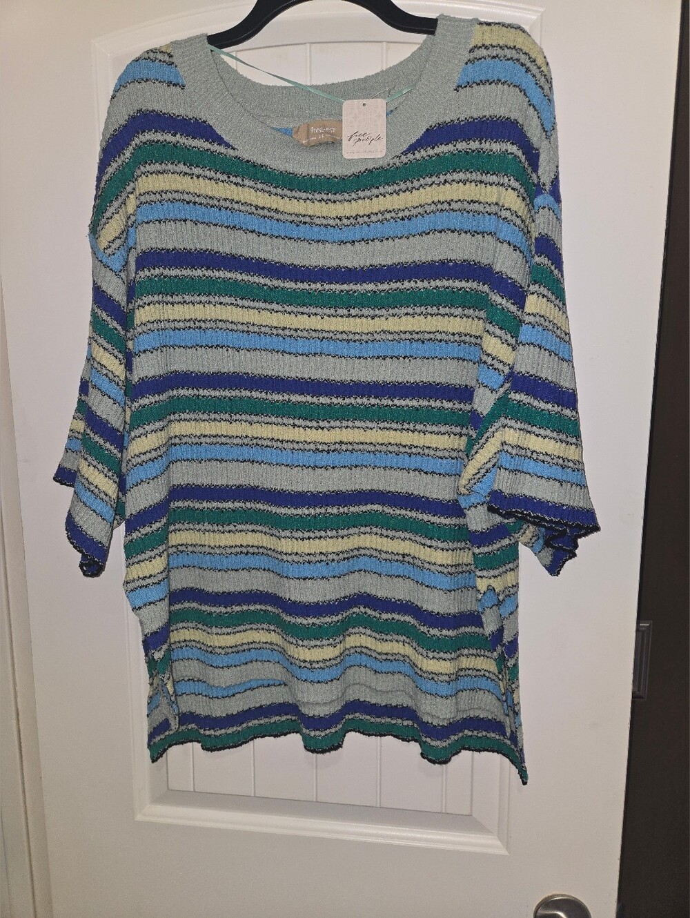 NWT Free People Light Blue, Navy & Green Striped Knit Short Sleeve Sweater